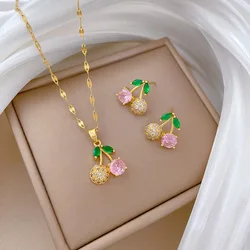 Stainless Steel Chain Sweet Pink Crystal Cherry Pendant Necklaces Stud Earrings Jewelry Set for Women Cute Accessories Gifts