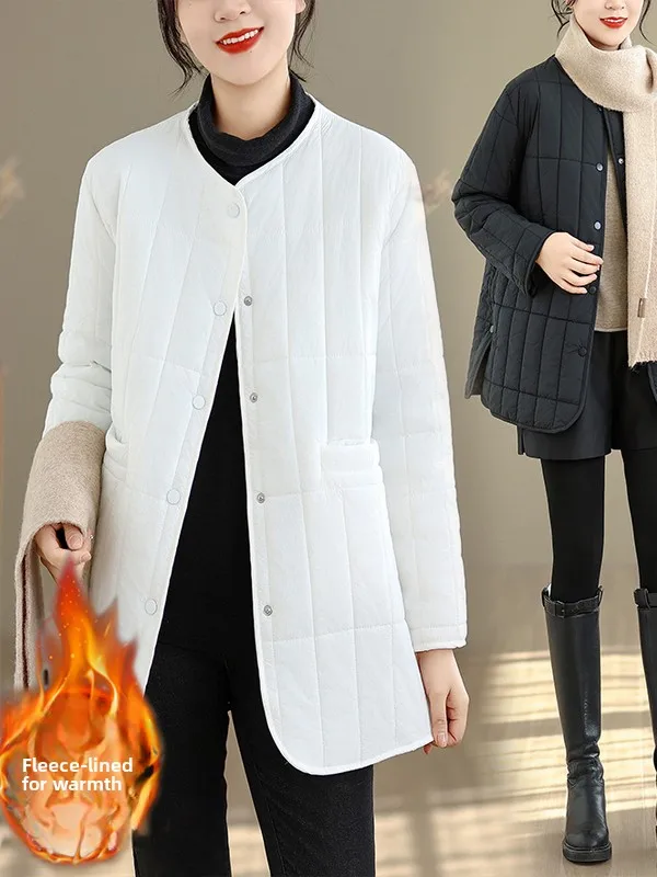 ファッショナブルな格子縞ステッチコットンジャケット、ロング丈、ラウンドネック、ミドル丈、大きいサイズ、レディース冬用コート、韓国風、ゆったりフィット