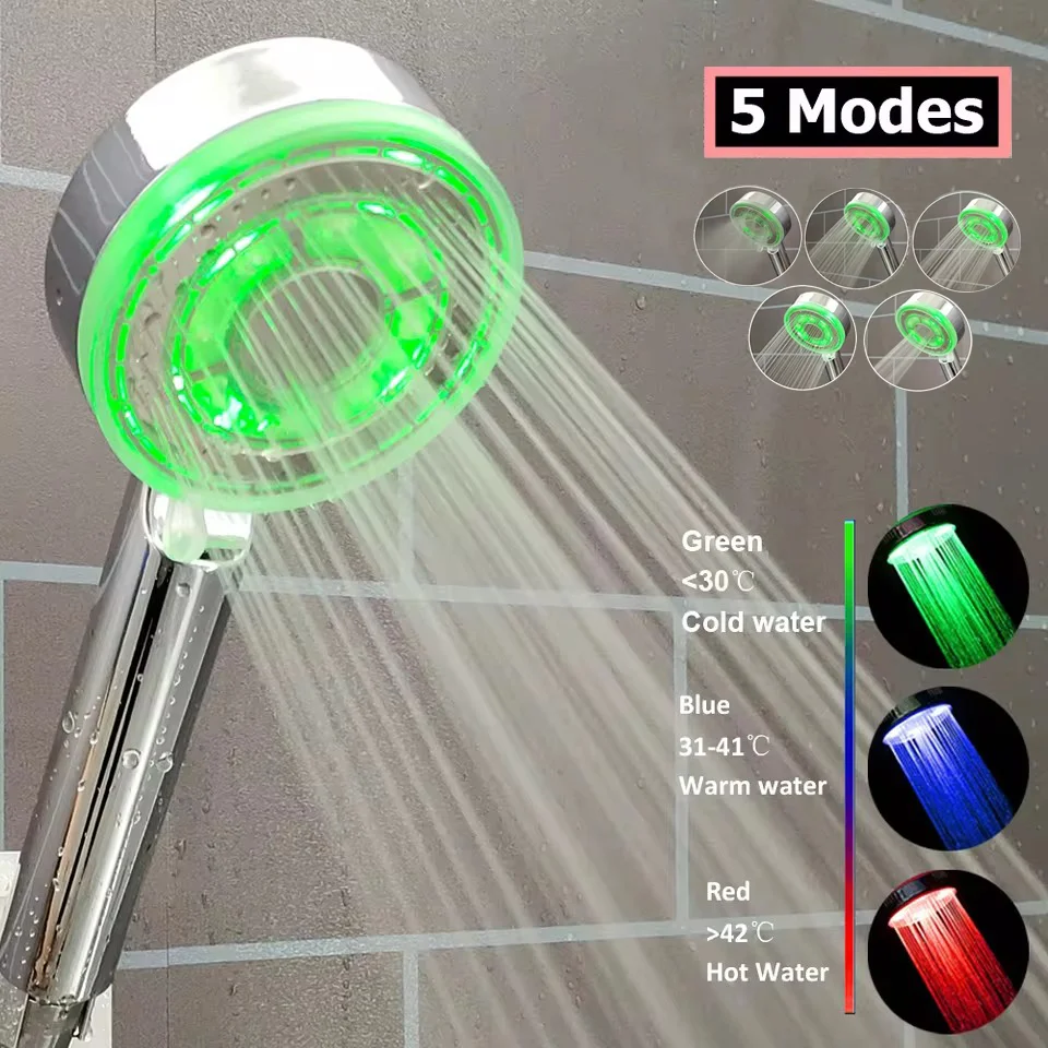 

New 5 Modes Temperature Control Colorful Shower Head 3/7 Color Change LED Sprayer Silver High Pressure Rainfall Bathroom Shower