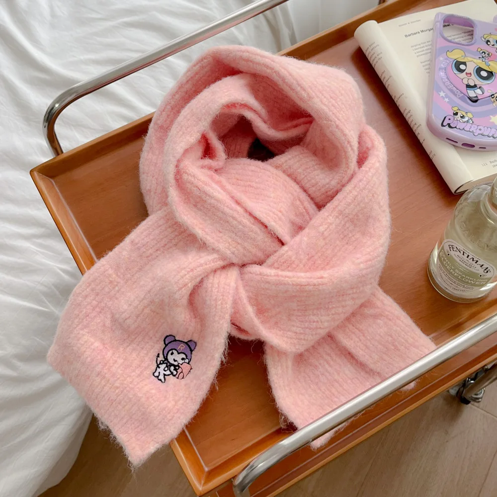 Winter Warm Knitted Scarf Women Short Solid Color Cashmere Wrap with Cute Bear Embroidery