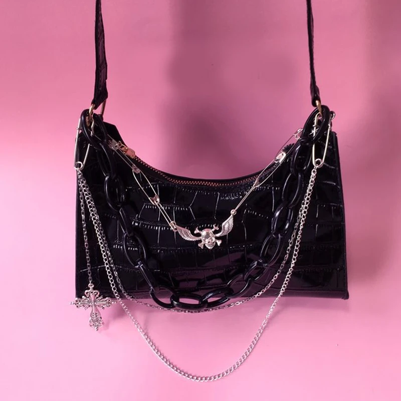 Gothic Dark Punk Unterarmtasche mit Totenkopf Umhängetasche Y2k Kette Krokodilmuster Umhängetasche Koreanische beliebte ästhetische Taschen – Detail 19