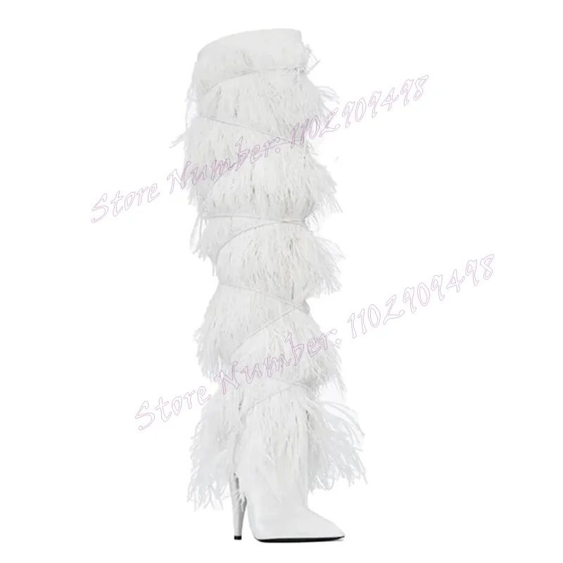 White Fluffy Decor Spike Heels Boots Knee High Pointed Toe Shoes for Women High Heels Sexy Party Shoes 2024 Zapatos Para Mujere