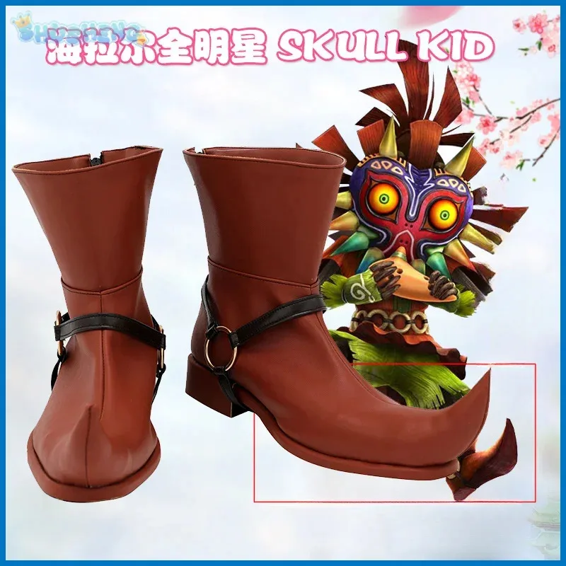 qq273XT8Hyrule Warriors Legends Skull Kid Scarpe marroni Cosplay Stivali lunghi in pelle realizzati su misura per la festa di Natale Halloween Donna