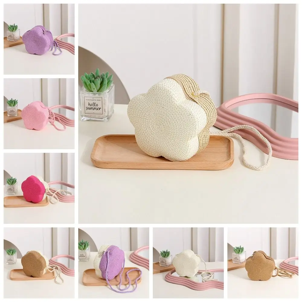 Borsa a tracolla piccola in paglia Kawaii fata per le vacanze Borsa in paglia da spiaggia bohémien Borsa a tracolla in tessuto casual a forma di fiore per bambini
