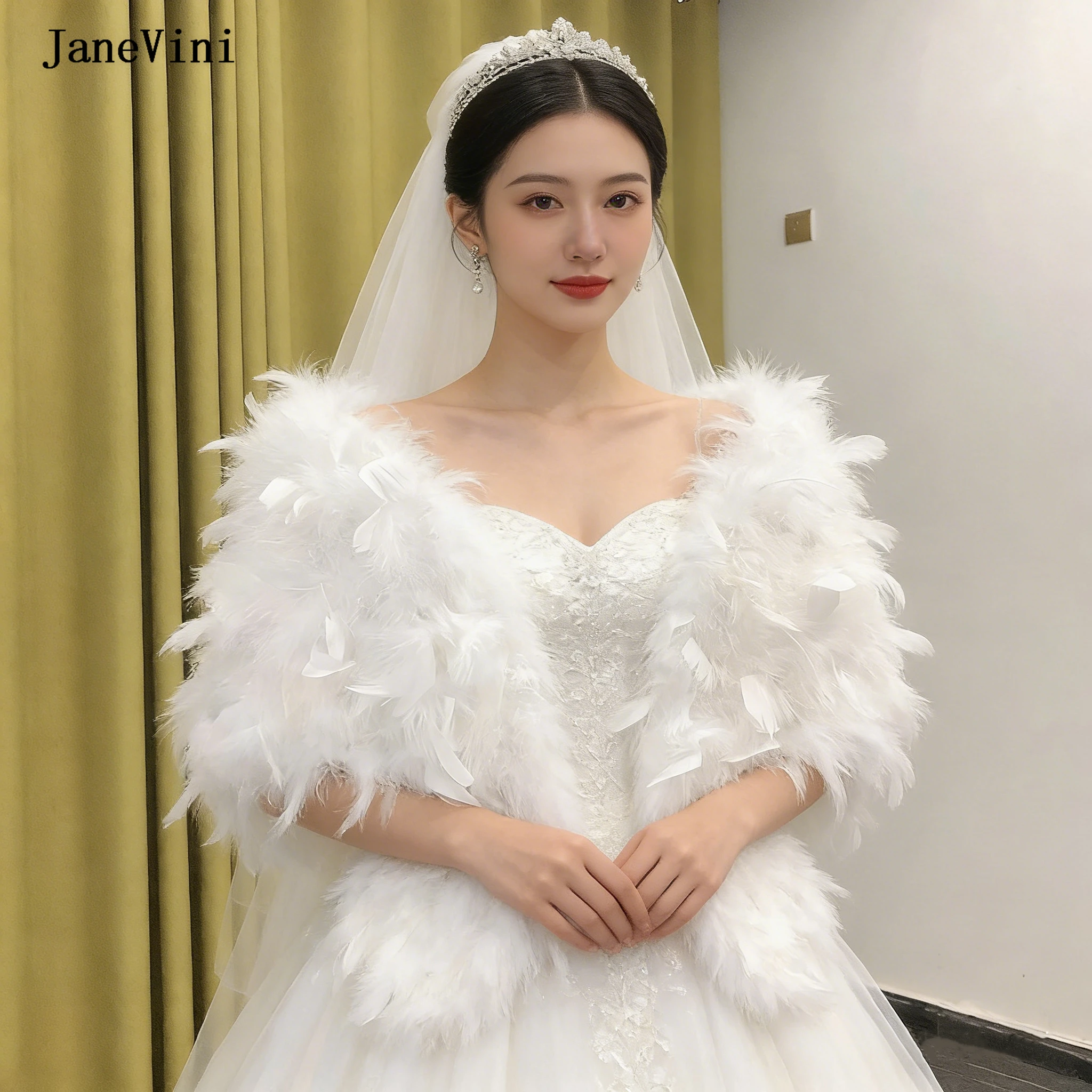 JaneVini Elegant Gold Bolero Femme Fur Cape Wedding Wrap Black Shrugs Ostrich Feathers Bridal Bolero Woman Elegant Party Shawls