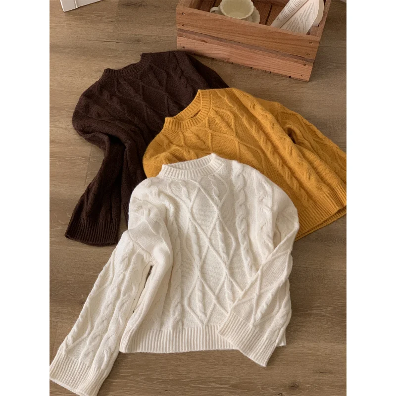 เสื้อสเวตเตอร์ถักแบบลำลอง ทรงกลม ดีไซน์เรียบง่าย ผ้าขนสัตว์หวีอย่างดี ลายคลื่นหลวมๆ สไตล์สบายๆ