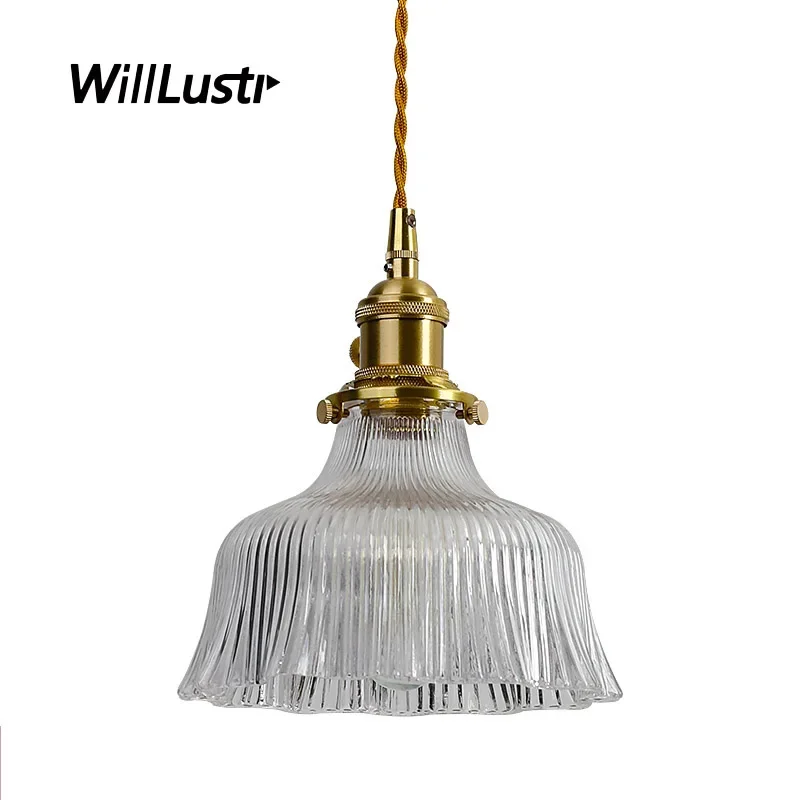 Ribbed Clear Glass Pendant Lamp Hall Hotel Cafe Living Room Brass Ruffled Skirt Ceiling Chandelier Suspension Hanging Lighting