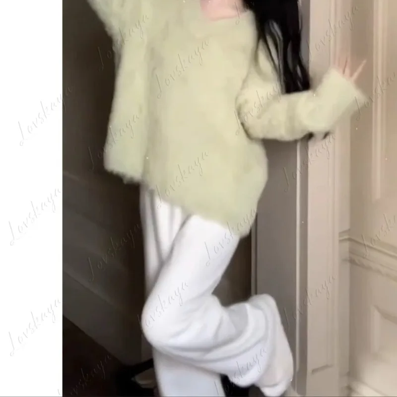 الخريف والشتاء سترة بيضاء جديدة متوسطة وطويلة البلوز محبوك سترة كسول فضفاضة المرأة