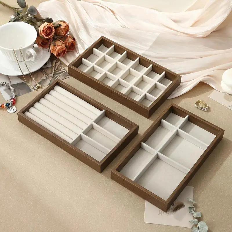 Walnut Wood Jewelry Display Tray With Velvet Lining,Ring Necklace Bracelet Stackable Organizer,for Counter Storage & Trade Show