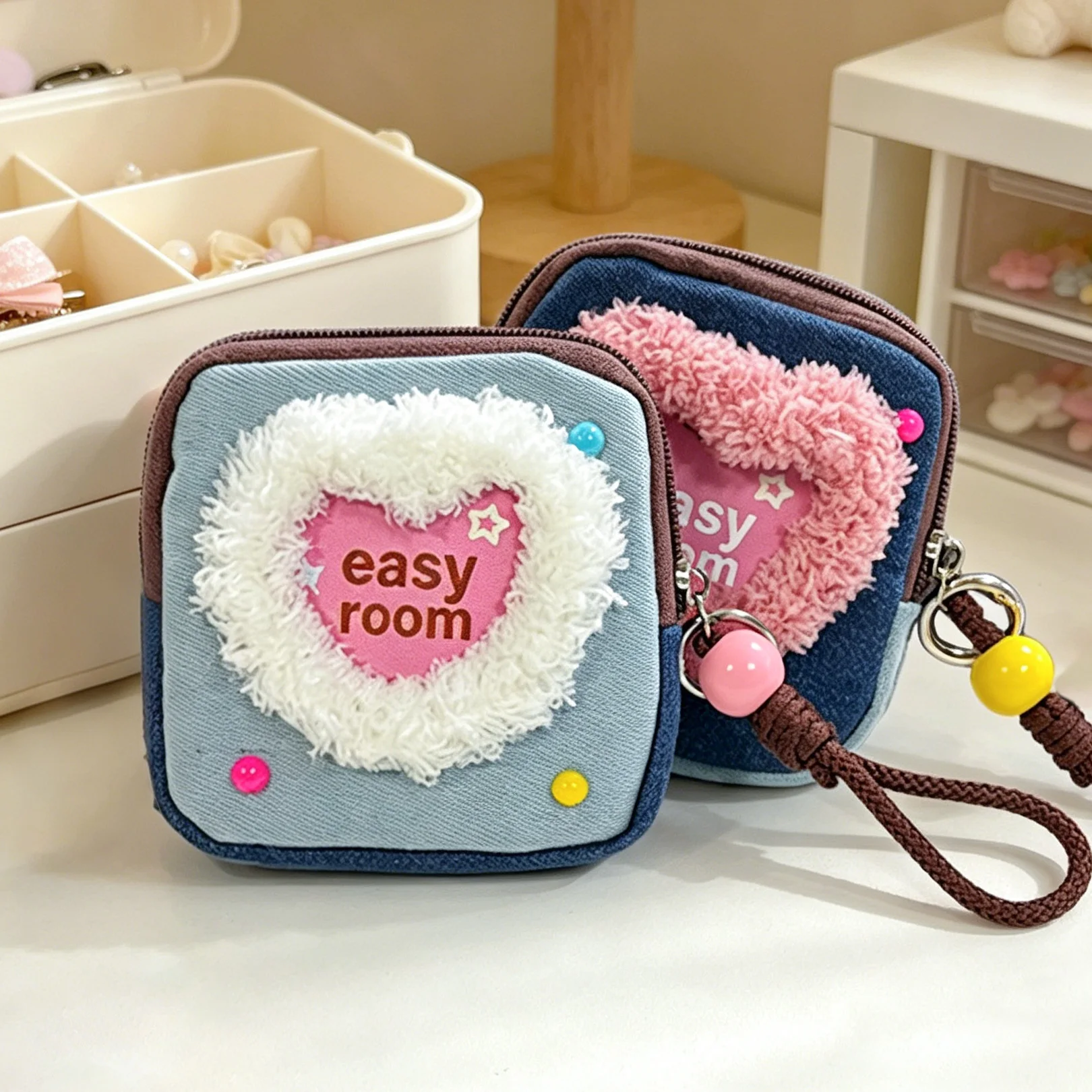 BUYLEMO Cute Heart Embroidered Denim Cotton Coin Purse, Portable Lanyard Square Earphone & Lipstick Storage Pouch