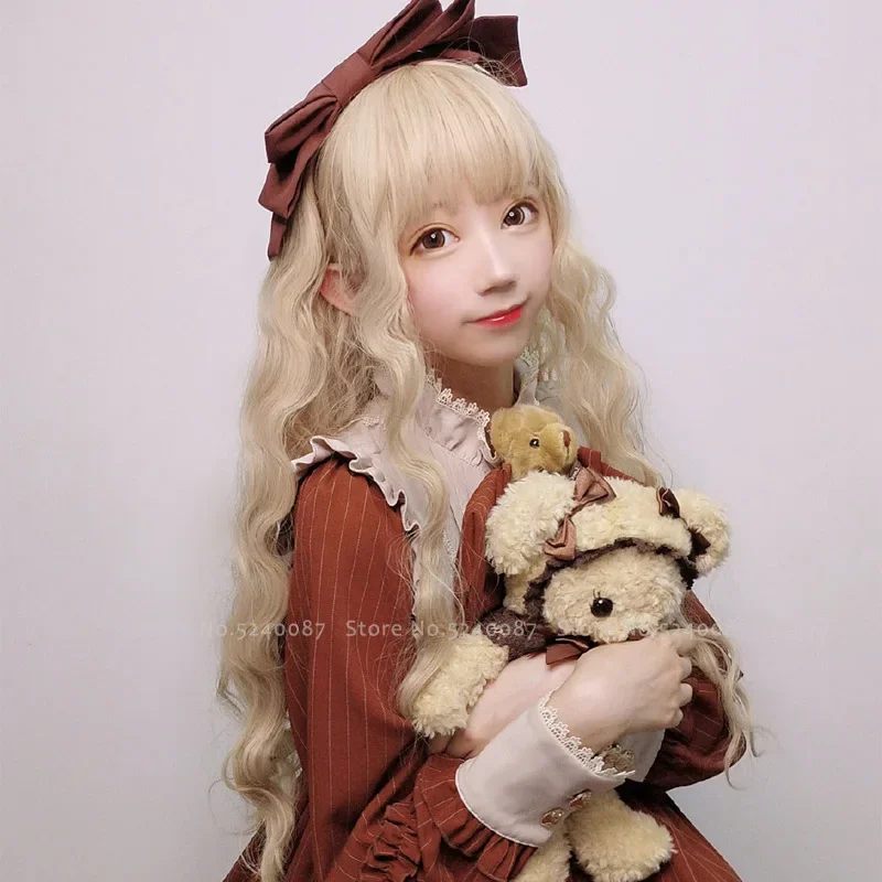 Japanese Anime Lolita Elf Princess Cosplay Wig Women Carnival Party Stage Performance Headwear Props Kawaii Doll Long Curly Hair