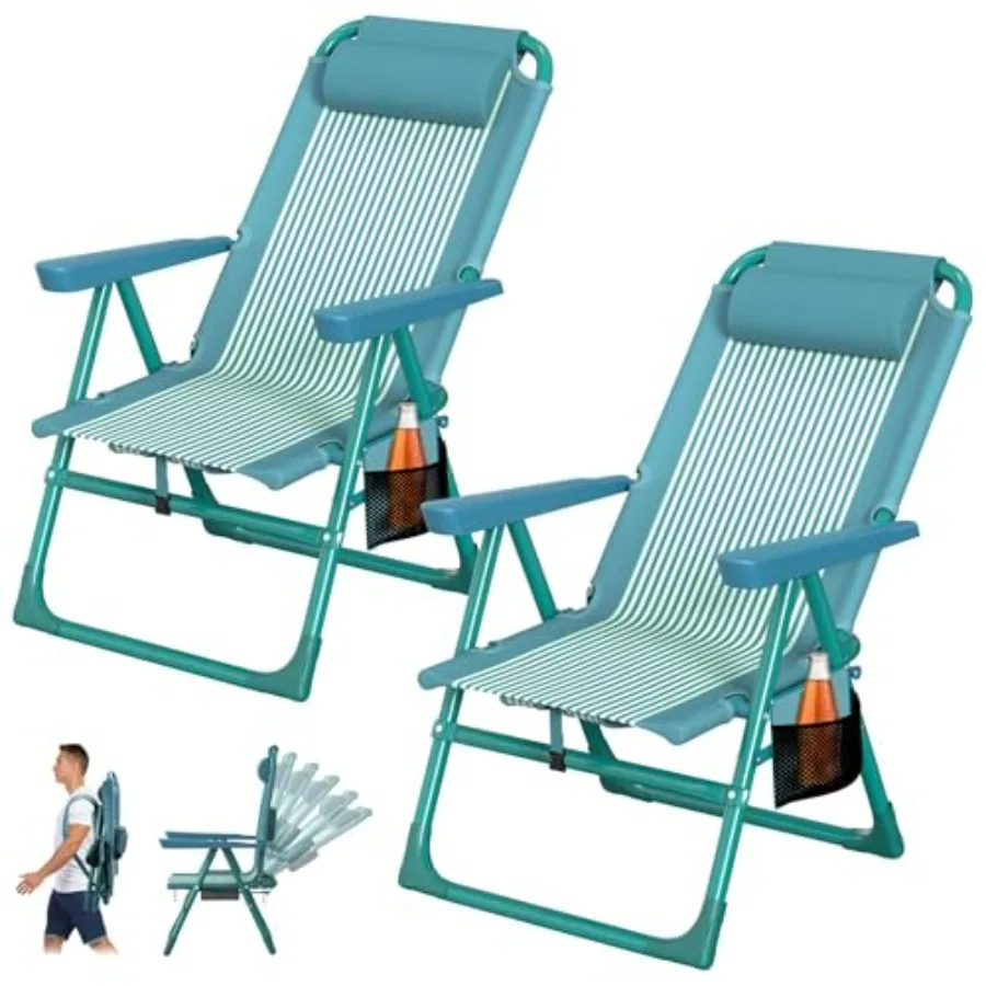 

Beach camping chairs for adults, aluminum frame, navy blue, 6-position reclining with cooler bag and cup holders