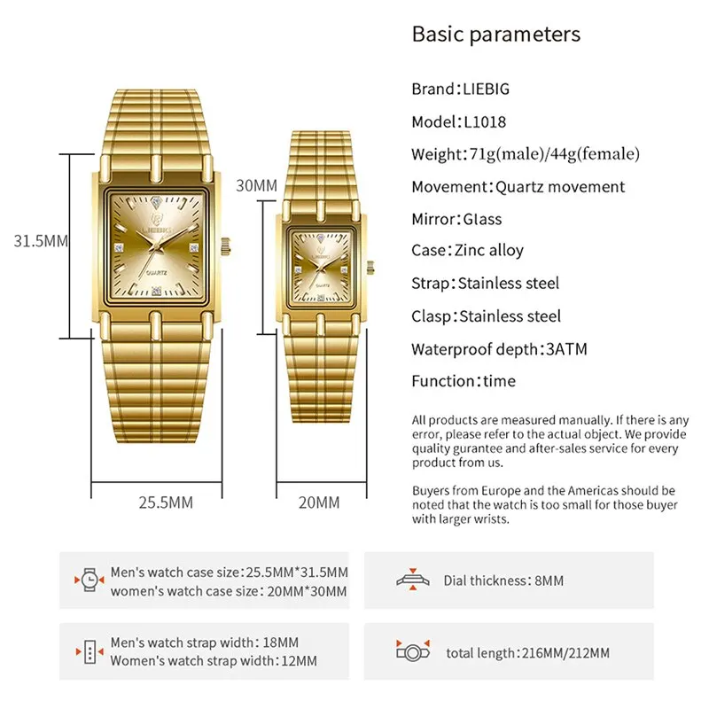 LIEBIG-Relógios de luxo em aço inoxidável para homens e mulheres, relógios de pulso dourados para homens e senhoras, pulseira elegante