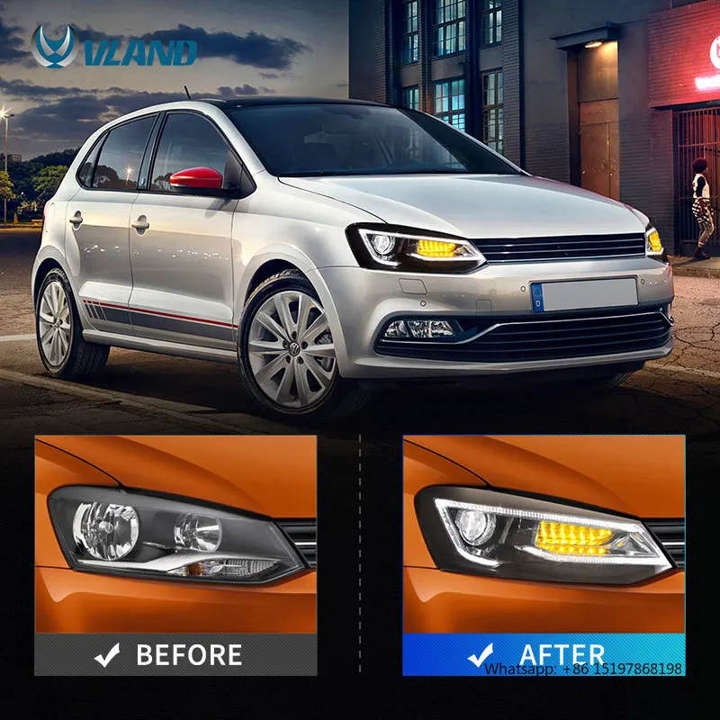 مصابيح أمامية LED كاملة من الشركة المصنعة VLAND مع إشارة متحركة + كشافات DRL 2011-2017 مصباح أمامي لسيارة VW Polo Vento Mk5