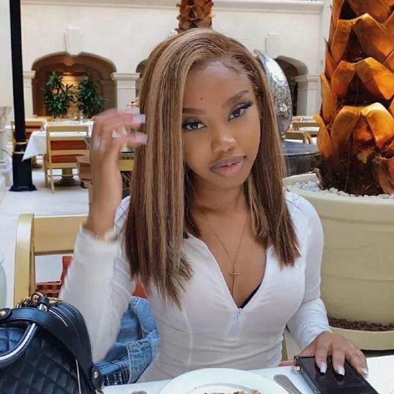 Wig Rambut Manusia Lurus 6X4 Wig Bob Pendek Tanpa Lem Rambut Manusia Pra Dipetik Pra Potong Wig Sorot Pirang Kepadatan 200% untuk Wanita