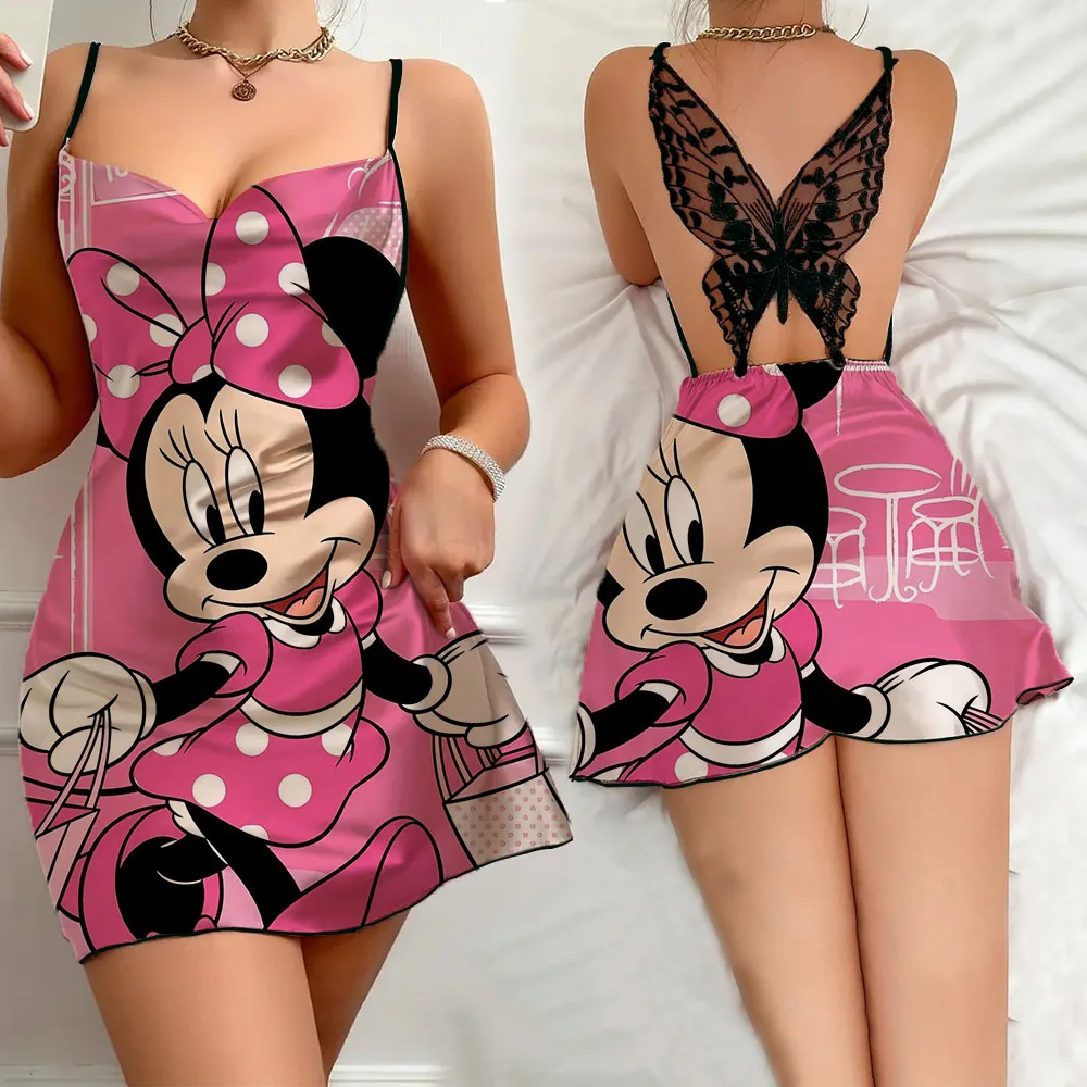 

Disney Cartoon Pattern Women's Sleeping Dress Fashion Summer Sleevesless Female Pajama Sexy Lace Suspender Nightdress for Women