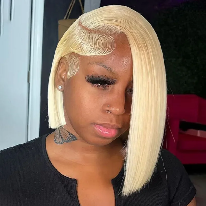 ブロンド13x4 HDレースフロントウィッグ ボブウィッグ 人毛 613 レースフロントウィッグ 人毛 200%密度 生え際ベビーヘア付き