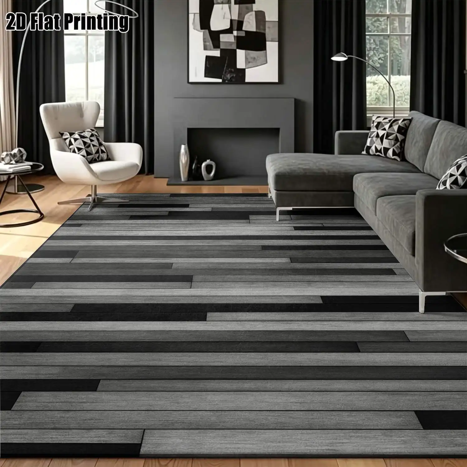 1Pc 2D Printed Gray-Black Geometric Striped Carpet, Nordic/Instagram/Modern Minimalist/European Style, Home Decor Floor Mat, Multi-Size, Machine Washable, for Entrance, Dining, Foyer, Bedroom, Study, Living Room