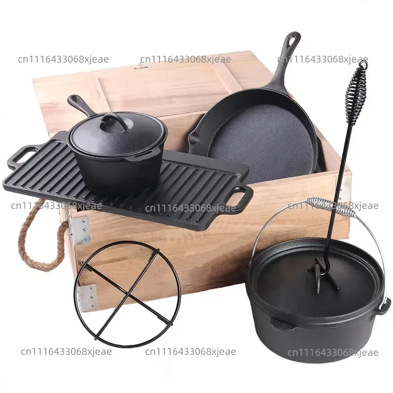 Cast iron saucepan 7-piece set Outdoor camping Dutch pot Soup pot Japanese Sukiki Picnic barbecue grill Hanging pot set