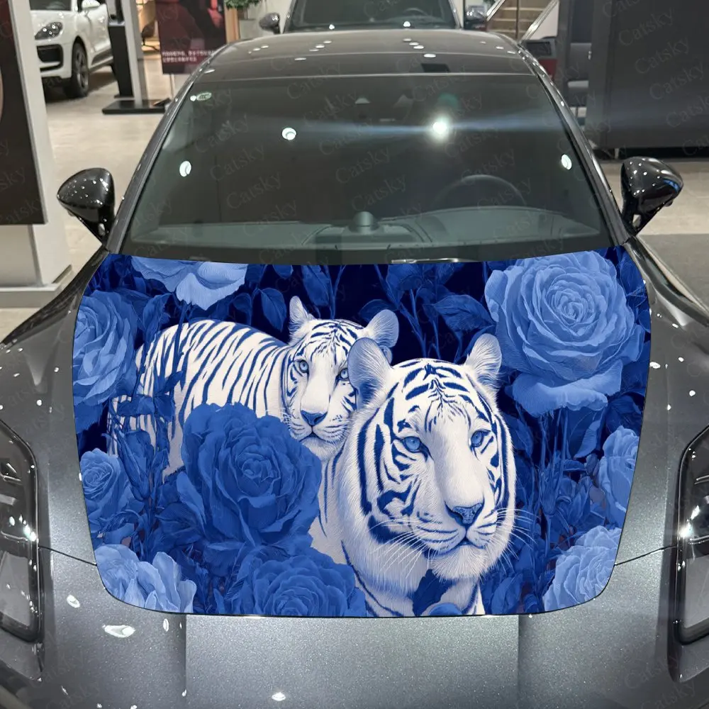 

Blue Roses Tiger Car Hood Sticker PVC Self Waterproof Stick, Striking Auto Exterior Accessories Decor Protect Gift for Car Lover