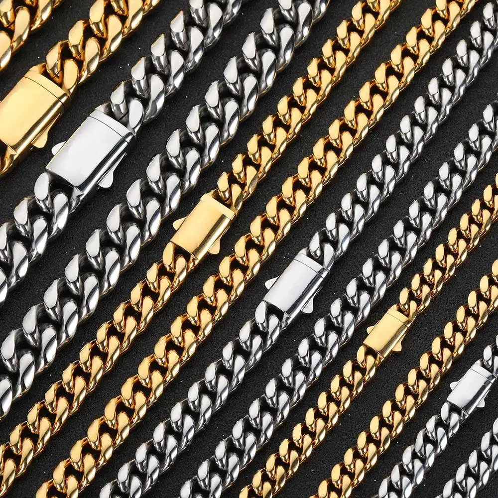 Hochwertige Breite 8–14 mm, Edelstahl, goldfarben, kubanische Kette, wasserdichte Panzergliederkette für Männer und Frauen, verschiedene Größen – Detail 8
