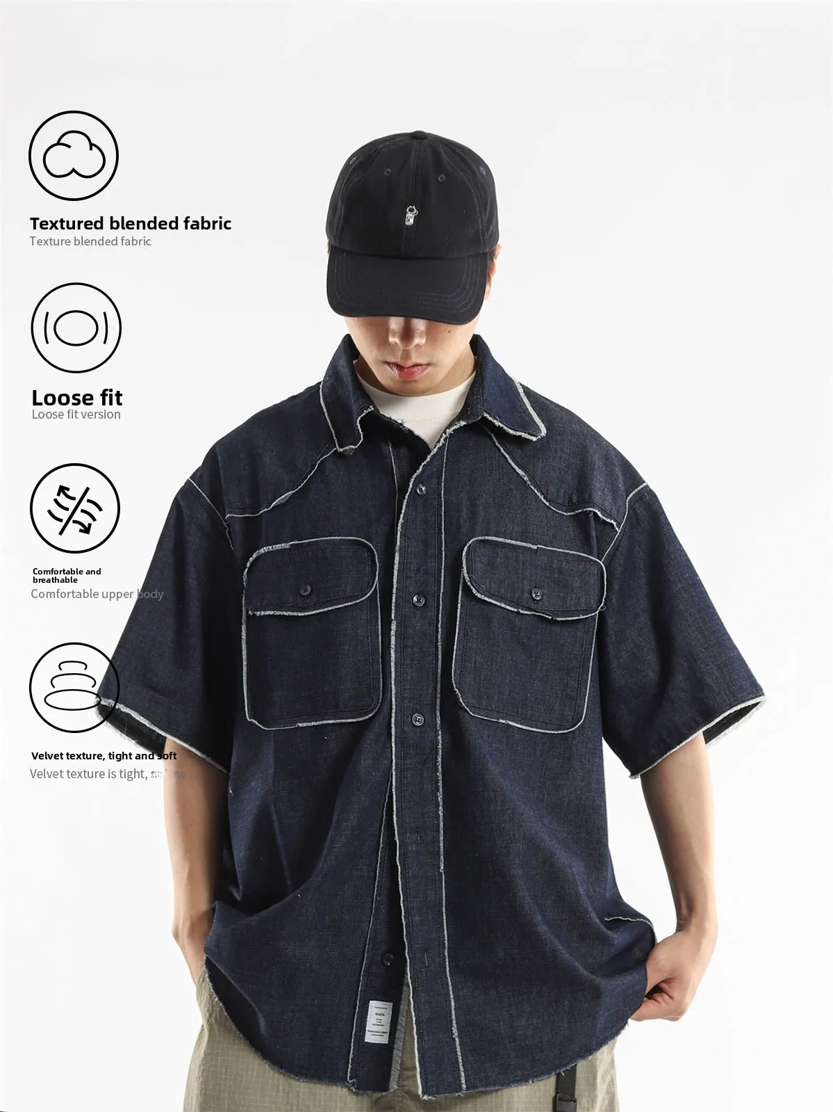 Unnoticed Original Design Summer New Small Trendy Jeans  Washed Loose Men's Shirt American Style Short Sleeve Pure Color