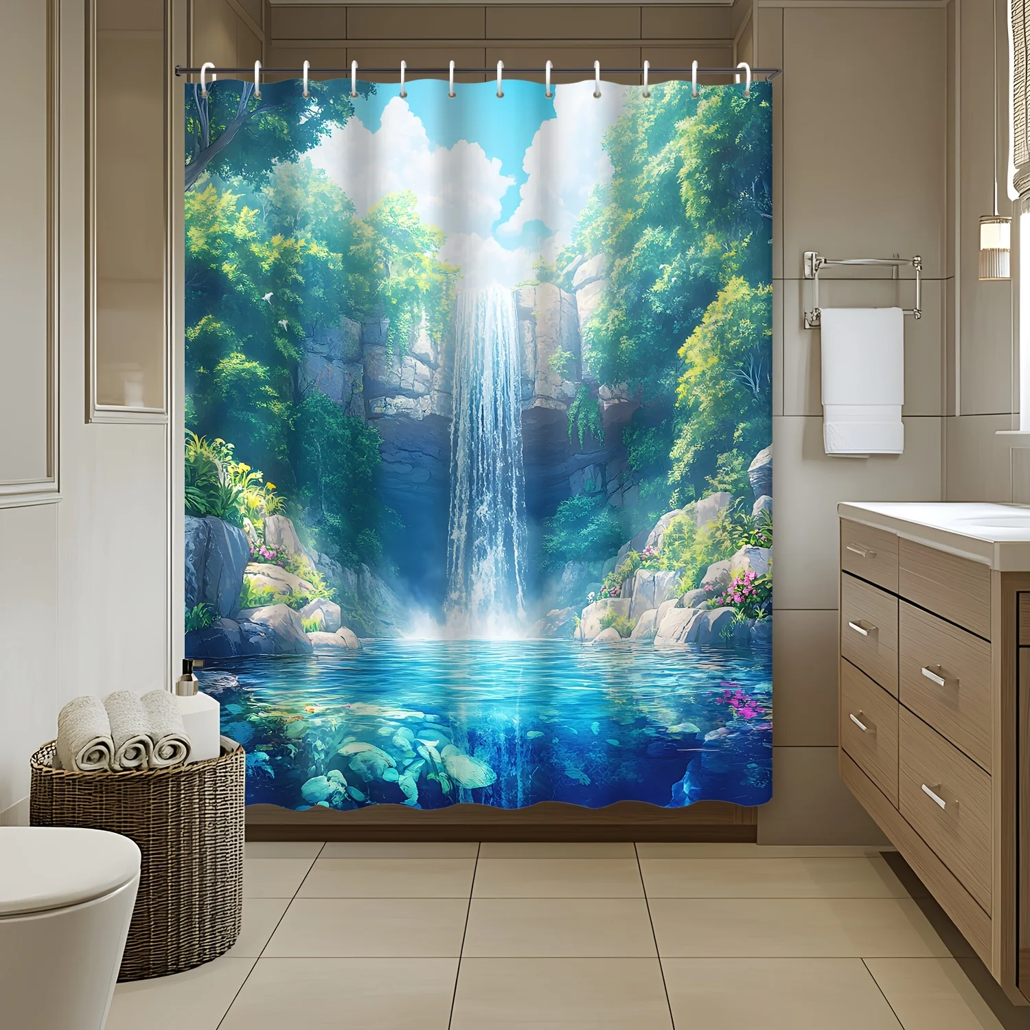 

1pc Serene Waterfall & Green Valley Scenic Shower Curtain - Vibrant Nature Landscape with Lush Vegetation, Blue Sky, and White