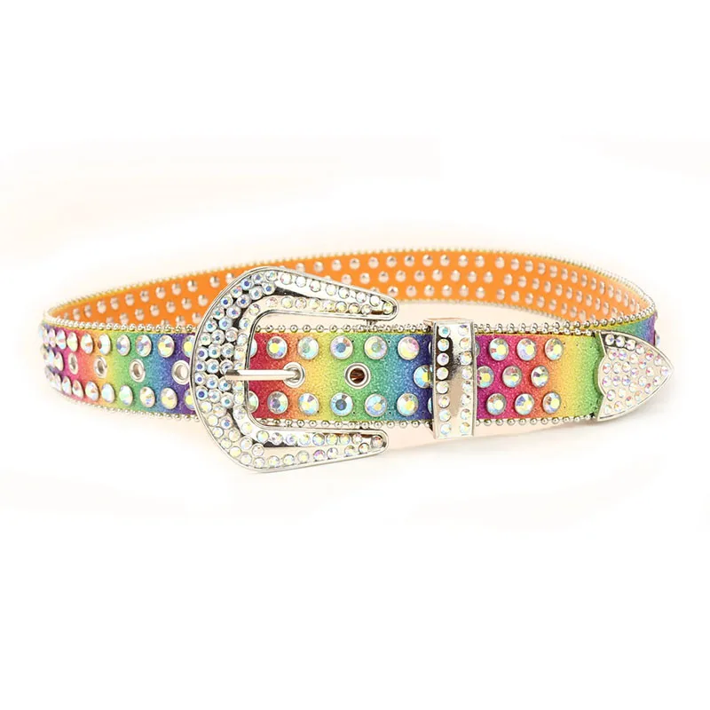 men\'s fashion diamond studded belts rainbow soft leather rhinestone belt stage nightclub womens stylish waistband designer leash