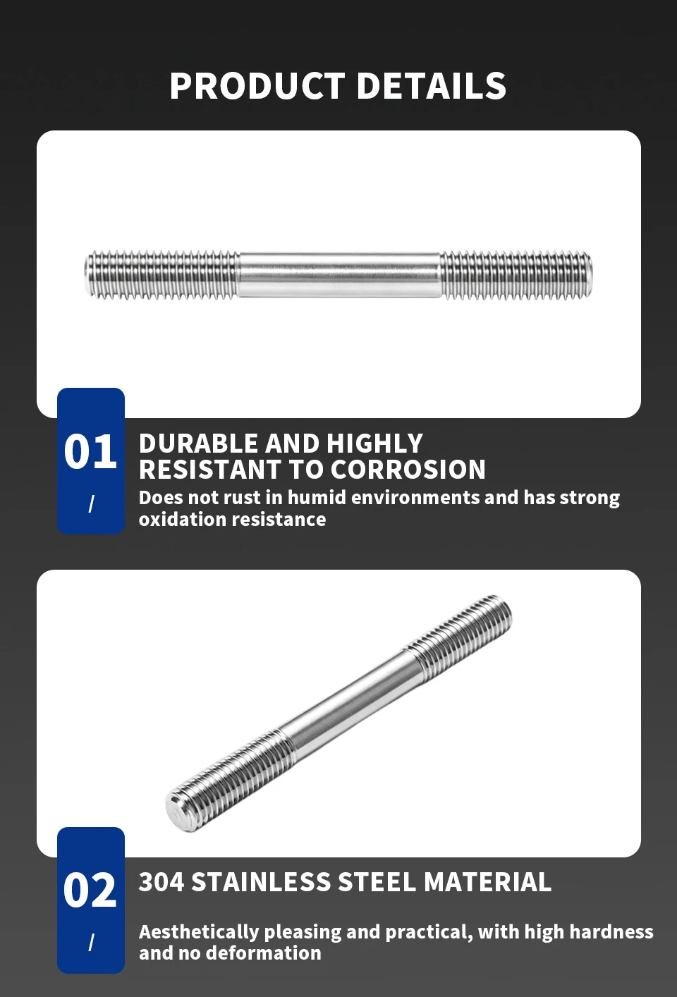304 Edelstahl Doppelendbolzen, Doppelkopf-Gewindestange, Gewindebolzen M6 M8 M10 M12 M14 M16 GB901 – Detail 4