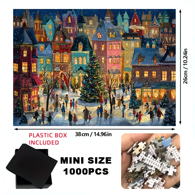 1000 قطعة عيد الميلاد بازل قطع 15x10 بوصة مشهد الشتاء الثلجي شارع عيد الميلاد تحدي لغز للكبار هدية الكريسماس المثالية