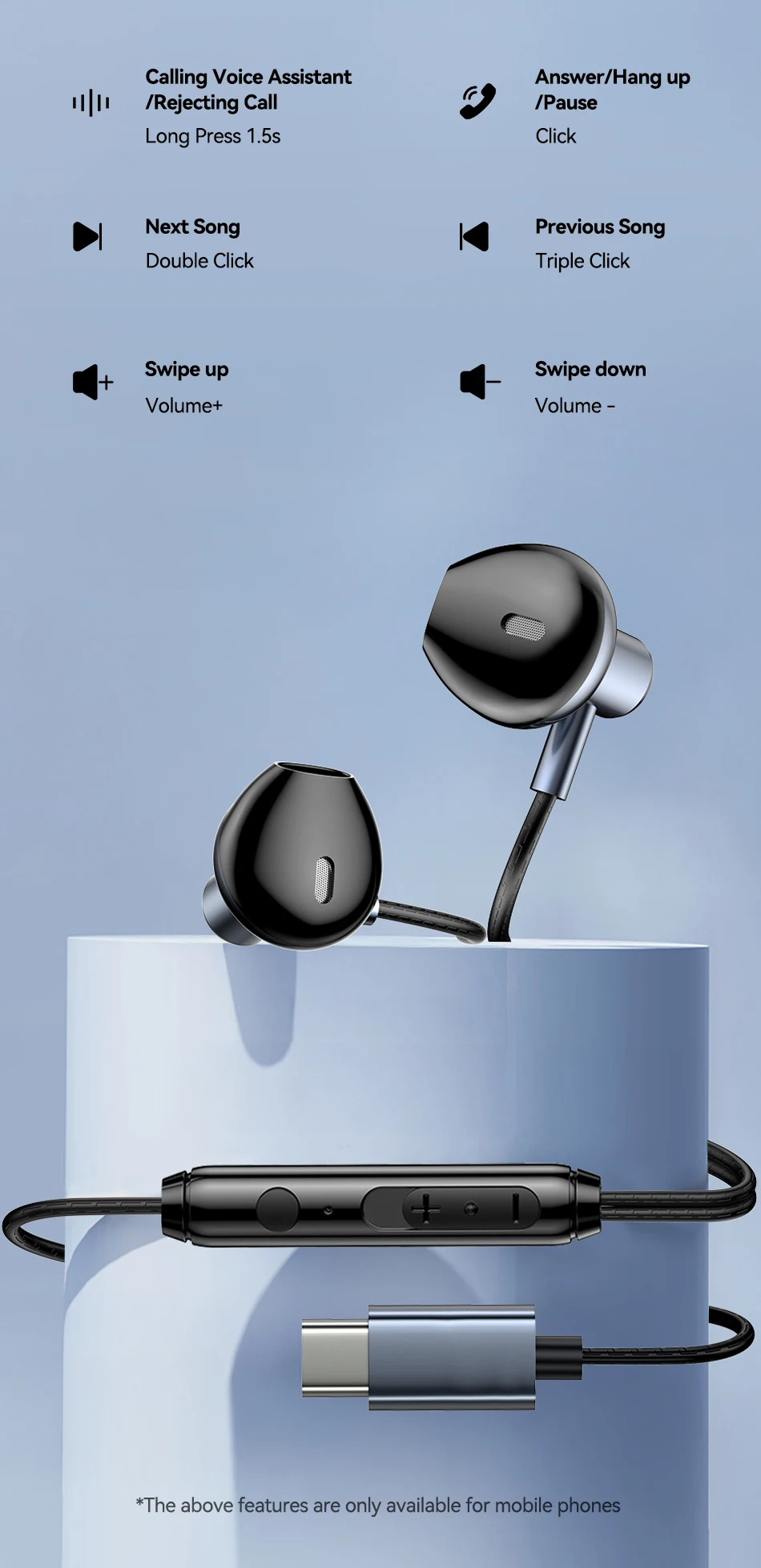 Rocoren USB Typ C Wired Kopfhörer In Ear Mit Mikrofon Stereo Ohrhörer Sport In-line Steuerung Für Xiaomi Samsung Wired Headset – Detail 15