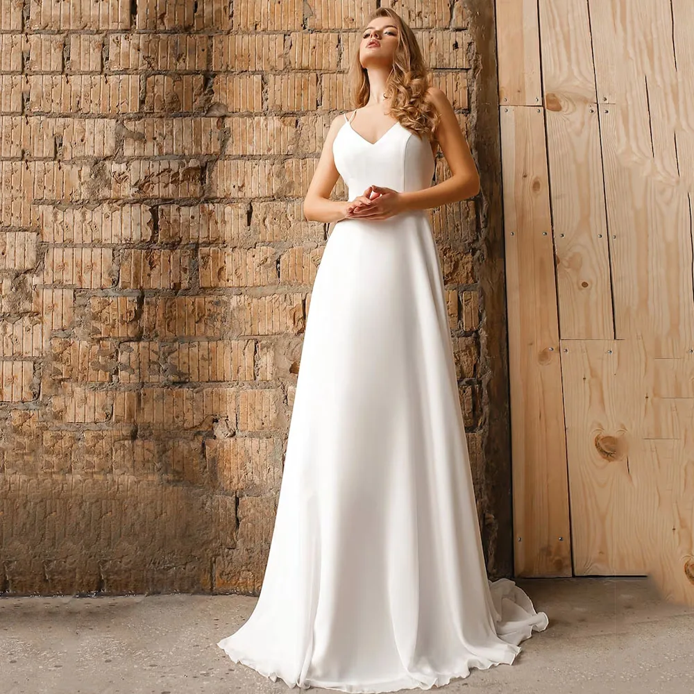 # Ld73 Love dress einfache Chiffon V-Ausschnitt Brautkleider Spaghetti träger sexy rücken freie Braut Kleid ärmellose Zug Robe de Mariée