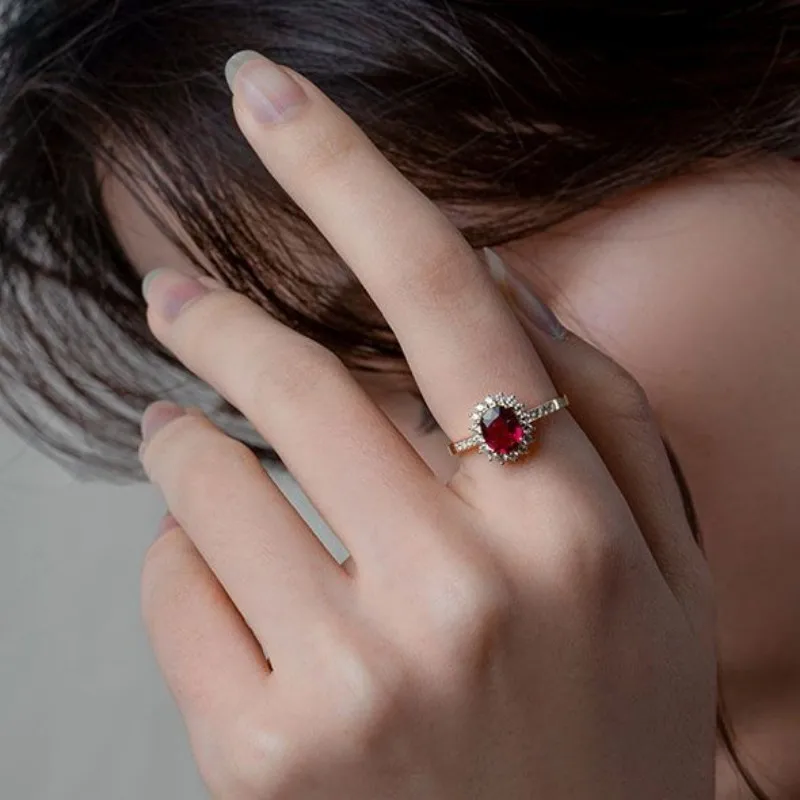 CCFJOYAS 100% 925 Sterling Silver 18k Gold Plated Retro ruby Ring for Women Exquisite Oval Rose Red Zircon Vintage Finger Rin