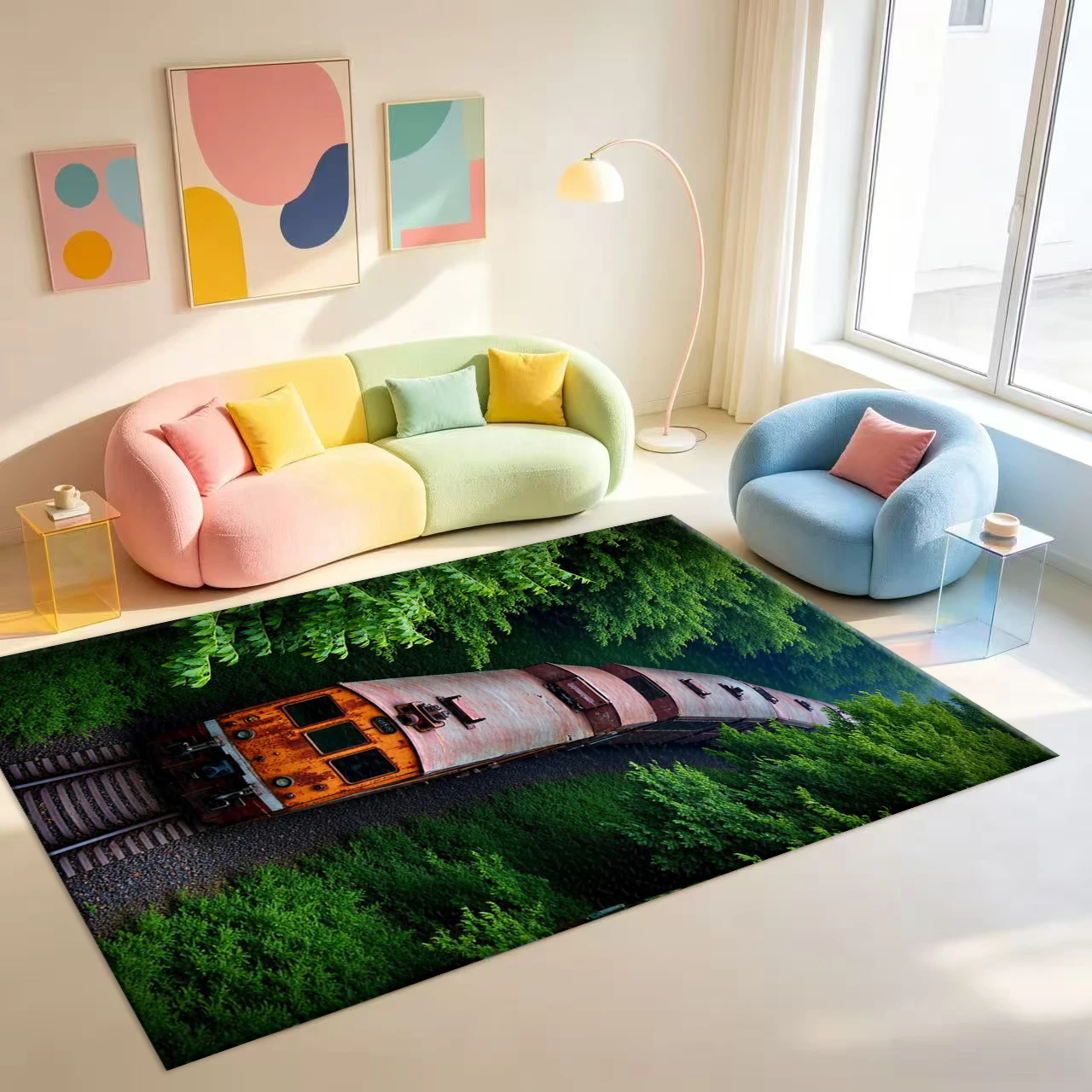 Vintage Train In Dense Forest Print Carpet Flooring Creative Nature Scenery Area Rug Home Decor Floor Decoration For Study Room
