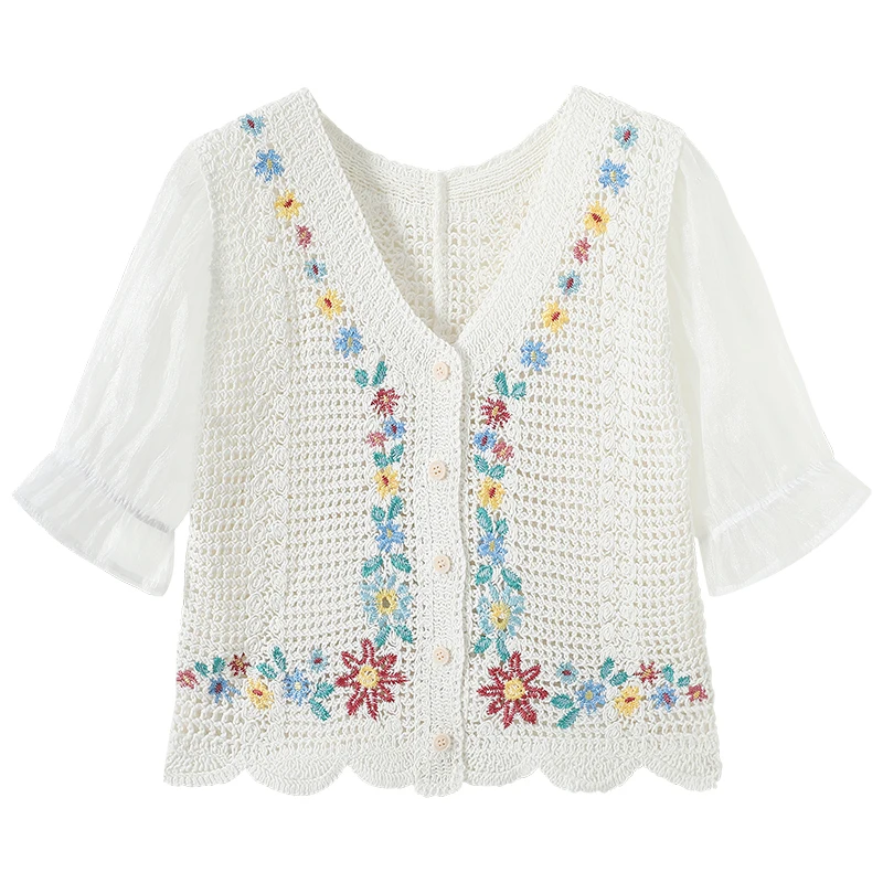 Women Crochet Knit Top with Chiffon Sleeve V-Neck Button Up Embroidery Floral Blouse Cardigan Cottagecore Fairycore Outfit