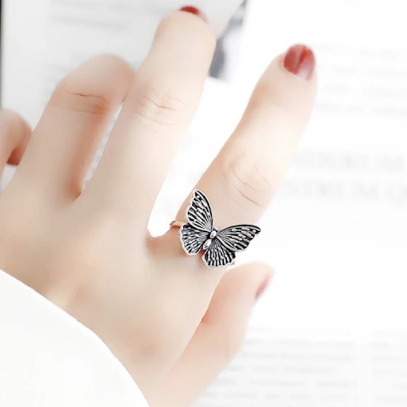 WYEAIIR 925 Sterling Silver Retro Hollow Butterfly Creativity Literature Resizable Opening Ring For Women Luxury Jewelry