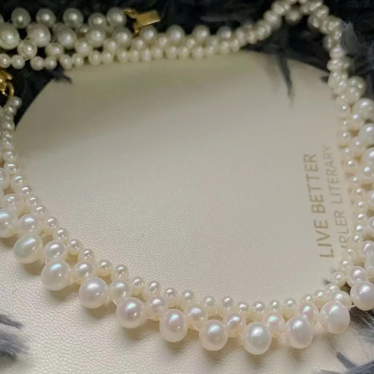 

Короткое ожерелье из натурального пресноводного жемчуга, многослойное плетеное колье ручной работы, уникальный эффектный ювелирный подарок