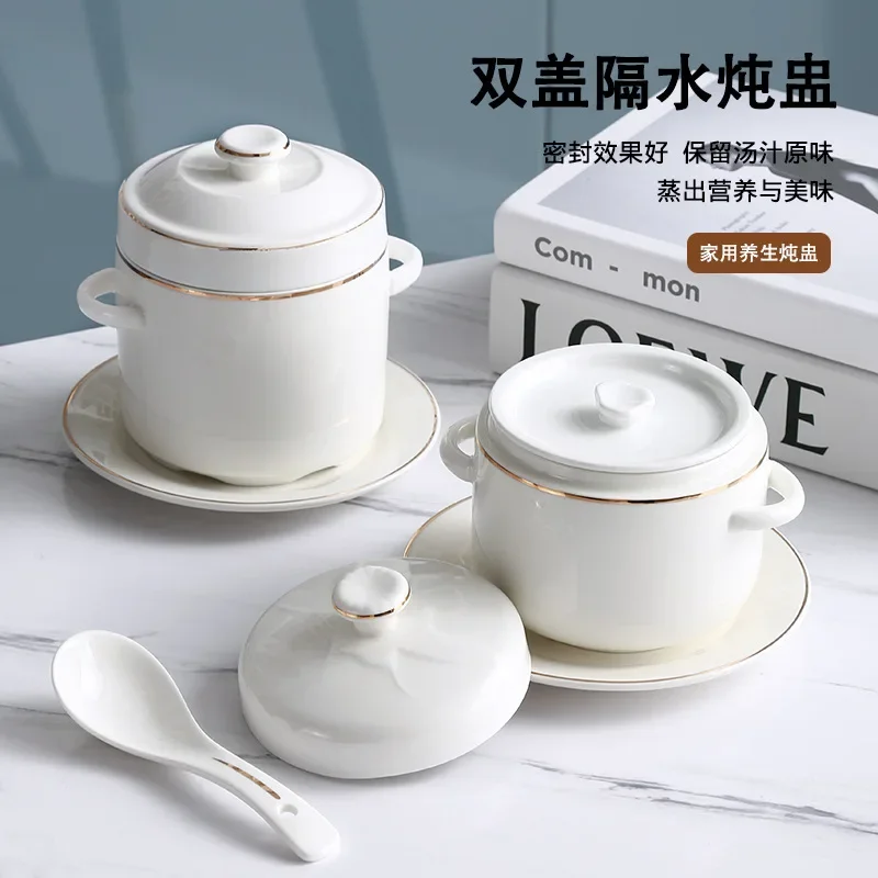 Olla de cerámica creativa para guisos, estilo coreano, de porcelana blanca pura/dorada, para guisos, nido de pájaro, huevo al vapor, utensilios de cocina