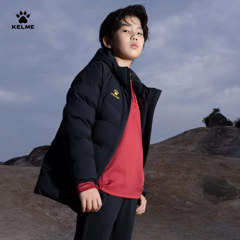 KELME Kids Winter Jacket Soccer Training Windproof Cotton Overwear For Qatar Short Hooded Clothing Sport Warm Coat jackets