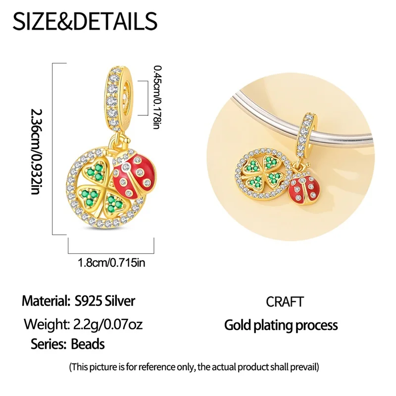 New 925 sterling silver ladybug green leaf pendant beads, suitable as an original women's bracelet to wear as a gift or DIY exqu