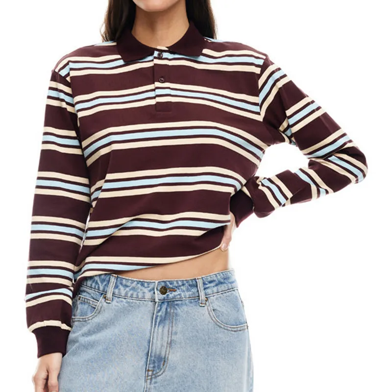 

WPNAKS женская полосатая футболка весенне-осенняя одежда y2k контрастного цвета с длинными рукавами и лацканами на шее и пуговицах повседневный пуловер топы