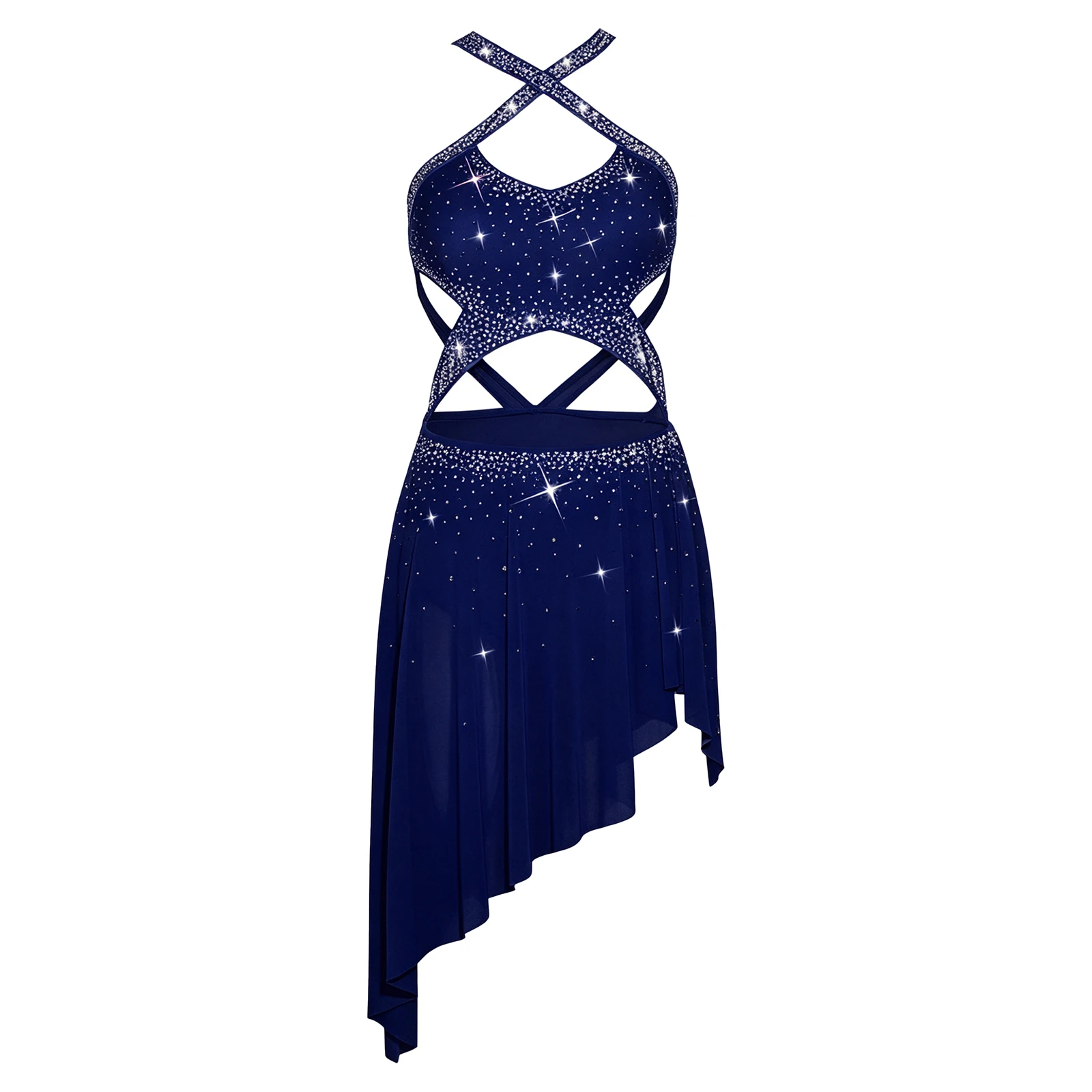 

Womens Lyrical Dance Rhinestones Dress Crossing Straps Sleeveless Backless Irregular Mesh Hem Bodysuit Dress Ballet Dancewear