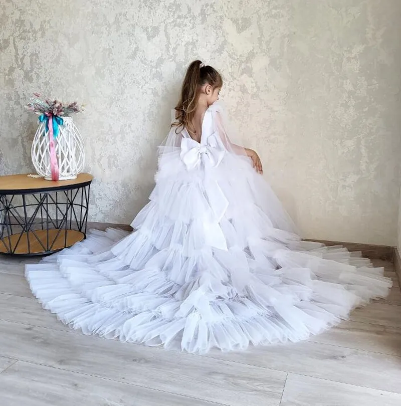 

White Flower Girl Dress Layers Tulle Prom Gown Wedding Party Junior Bridesmaid Dress Child Birthday Gown First Communion Dress