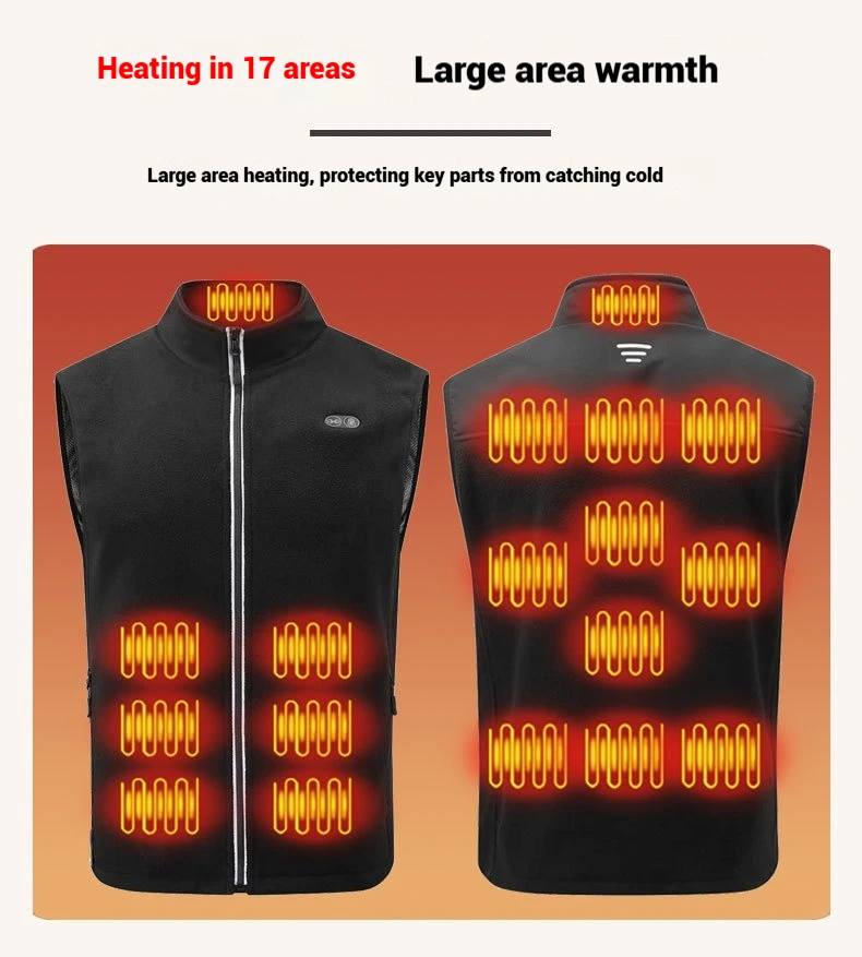 USB-Heizweste für Herren und Damen, elektrische Thermojacke, Polarfleece, Stehkragen, winddicht, reflektierender Reißverschluss, Outdoor-Sport – Detail 10