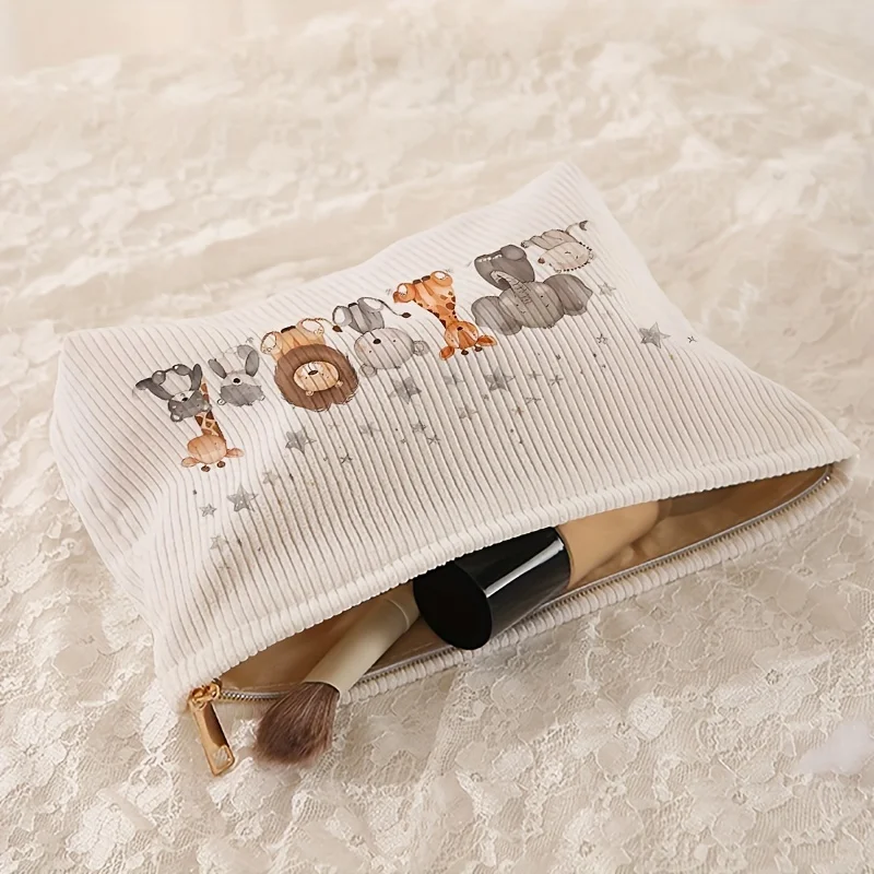 Small Animal Pattern Printed Corduroy Zipper Makeup Bag Storage Bags Cosmetic Makeup Bag Multifunctional Wash Bag with Lining