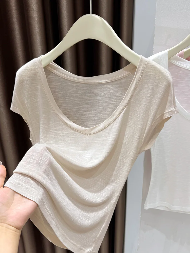 

Lightweight Breathable Ice Silk Knitted ort Sve V-Ne T-irt Women Summer Slim Fit oulder Insertion Casual Top