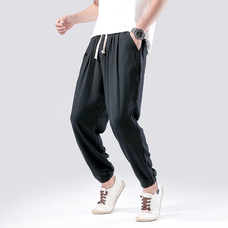 2022 Summer Thin Casual Linen Pants Chinese Style Loose Plus Size Sports Ninth Pants Men Clothing Oversize Sweatpants Joggers