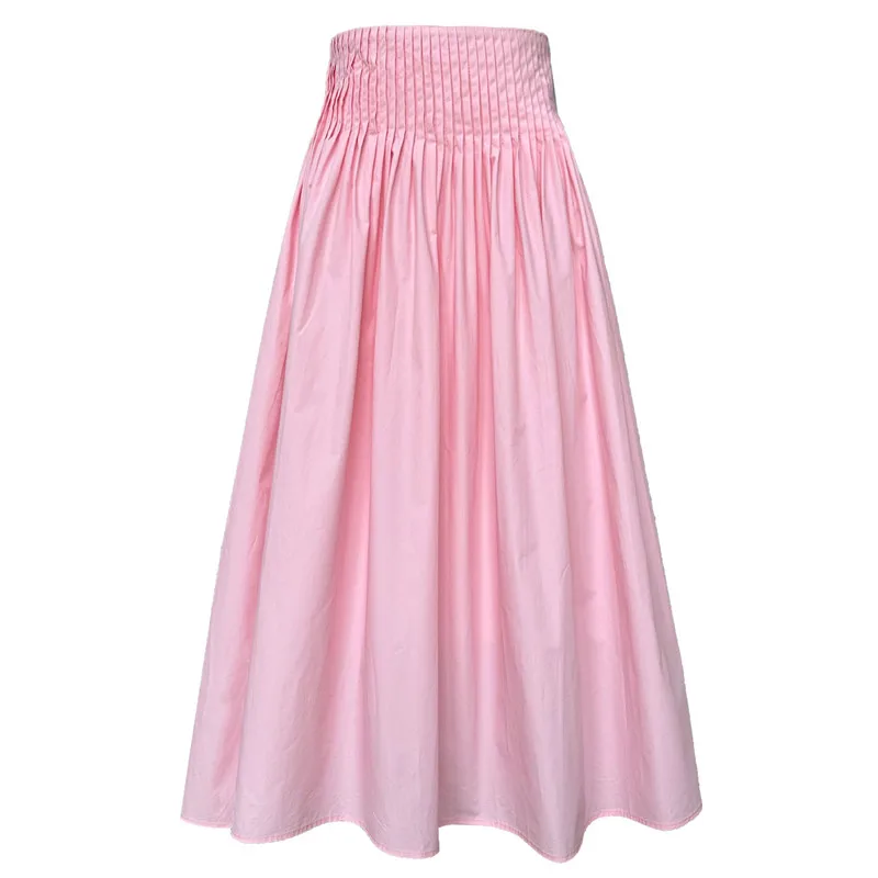 Long Skirt Korean Fashion Elegant Ladies Elastic High Waist A-Line Midi Pleated Skirt White Black Pink Gonna