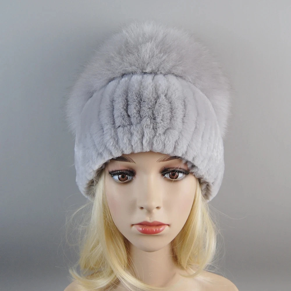 Sombrero de piel auténtica de conejo Rex para mujer, gorro de bombardero de piel de zorro Natural, gorro de punto cálido para mujer, Rusia, Invierno