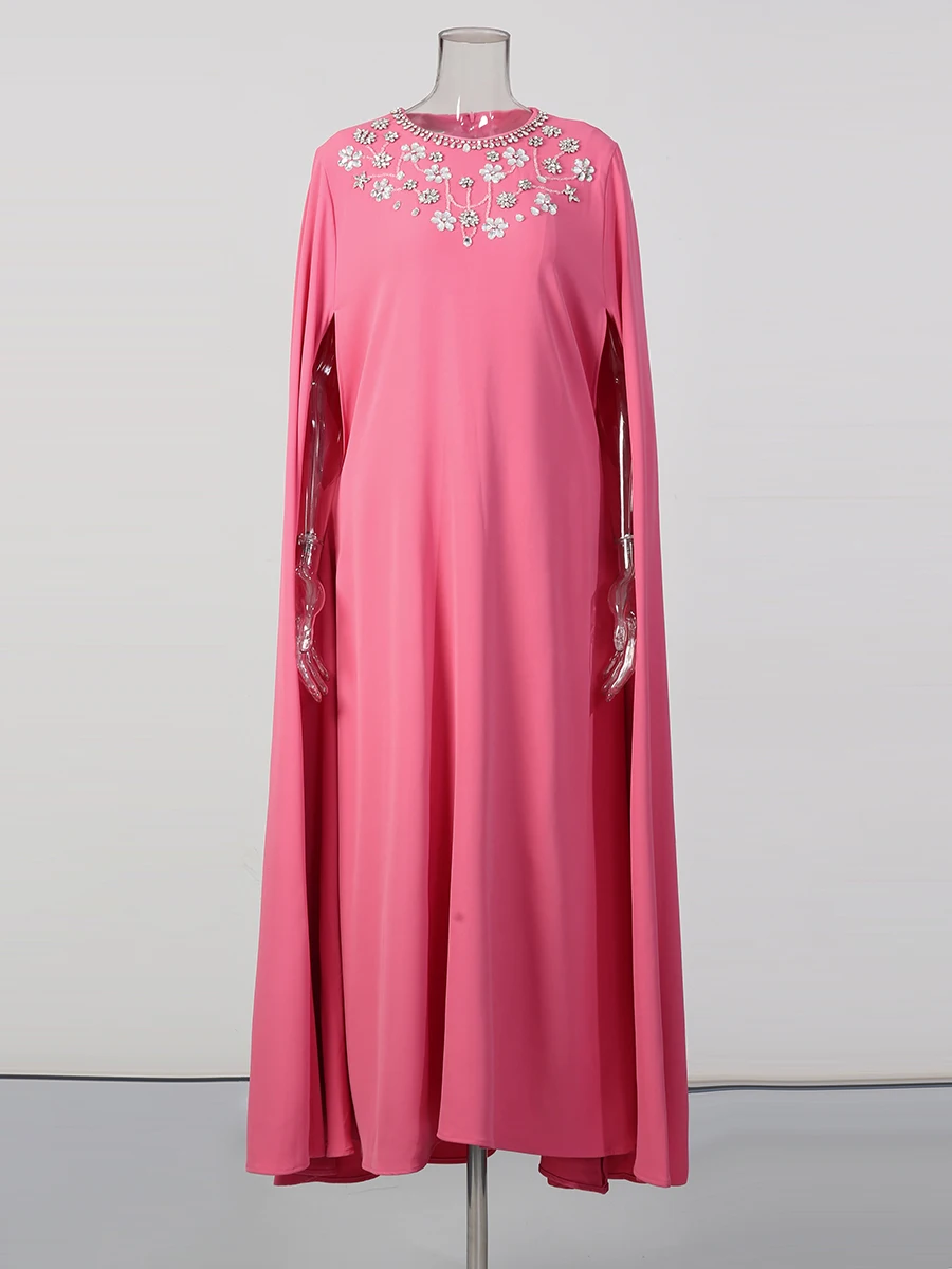 TWOTWINSTYLE Solid Loose Spliced Bead Temperament Long Dresses for Women Round Neck Sleeveless Elegant Dress Female Clothing New